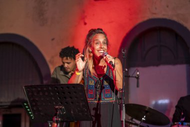 FARO, PORTUGAL: 6th SEPTEMBER, 2024 - Music artist, Luis Domingos Miguel Quinteto, performs on Festival F, a big festival on the city of Faro, Portugal. clipart