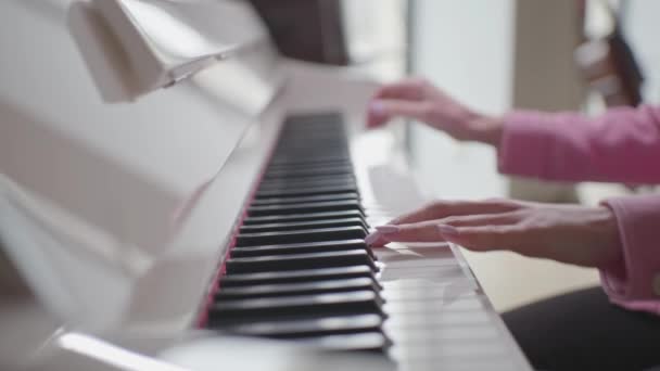 Woman Pianist Hands Plays Classical Music White Grand Piano High — Stock Video