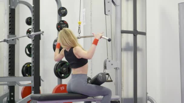 Красива Спортивна Молода Жінка Тренує Язи Спини Тренажерному Залі Займається — стокове відео