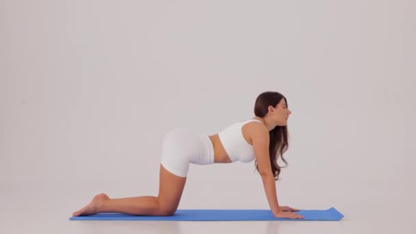 Posilovací Cvičení Sportovní Žena Cvičí Bílém Pozadí Zpomalit Název Cvičení — Stock video