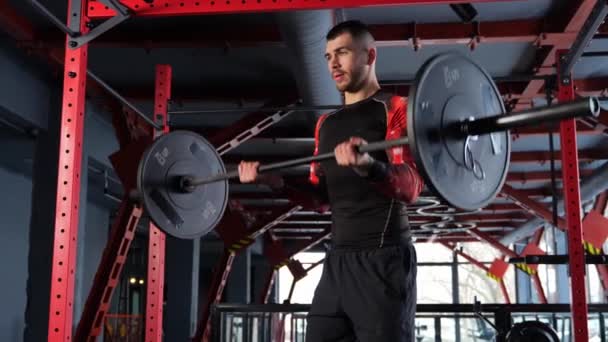 Männer Trainieren Fitnessstudio Die Bizepsmuskulatur Mit Langhanteln Langhantelbizeps Locken Hochwertiges — Stockvideo