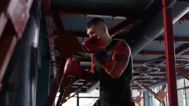Замедленная Съемка Мужчины Боксера Бьющего Боксерскую Грушу Боксерской Студии Боксёр — стоковое видео