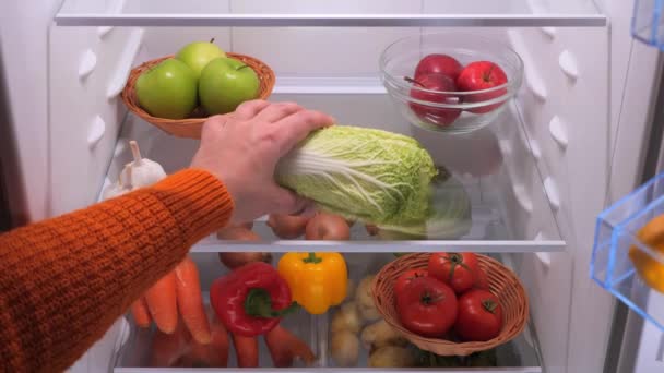 Mãos Masculinas Põem Repolho Chinês Refrigerador Com Vegetal Imagens Alta — Vídeo de Stock