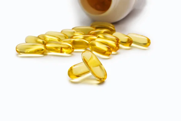 Fish Oil Capsules Omega Vitamin Bottle White Background Concept Healthy — Stock Photo, Image