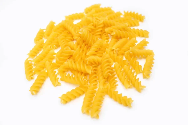 Heap Pasta Form Spiral White Background Raw Pasta White Table — Stock Photo, Image
