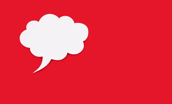 Speech bubble in the form of a cloud on a red background. Free space for text or advertising. Empty white speech bubble with text writing option. The concept of speech communication on the Internet