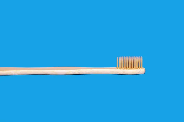 Ecological Bamboo Toothbrush Blue Background Wooden Toothbrush Plastic Waste Free — Stock Photo, Image