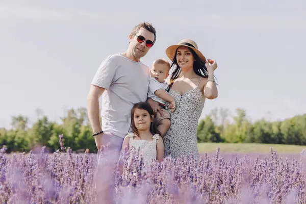 A happy family walks in a blooming purple lavender field. A mother holds her son in her arms, a daughter next to her father at a lavender farm in Provence. Summer family walk