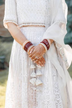 Geleneksel Hint gelinlikli genç kadın, kesilmiş fotoğraf. Bir düğün ya da resmi bir etkinlik için belirli kültürlerin kıyafetleri. Geleneksel kıyafetler ve mücevherler giymiş bir kadın.