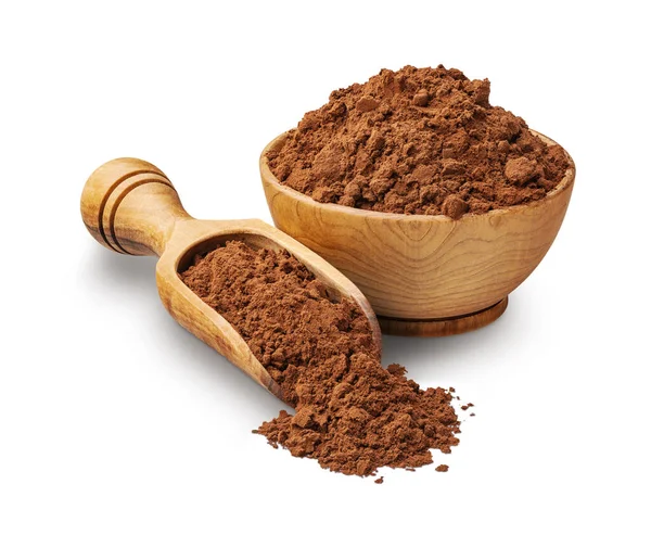 Cacao Powder Wooden Bowl Isolated White Background Deep Focus — Stock Photo, Image
