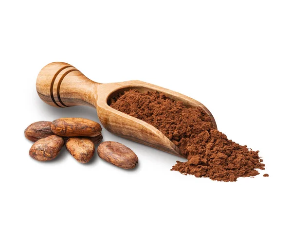 Kakaobohnen Und Pulver Isoliert Auf Weißem Hintergrund Tiefer Fokus — Stockfoto