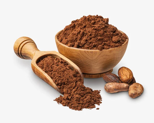Pala Madera Con Polvo Cacao Aislado Sobre Fondo Blanco Enfoque —  Fotos de Stock