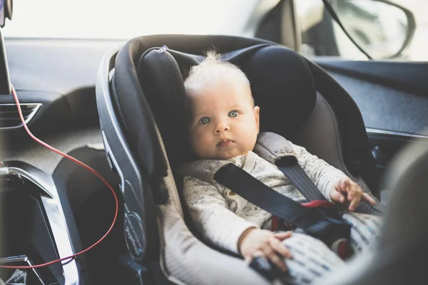 Menino Bonito Amarrado Assento Carro Infantil Compartimento Passageiro Durante Passeio — Fotografia de Stock