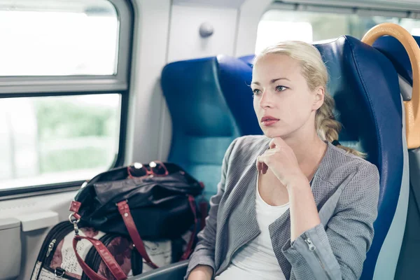 Blonde Caucasian Business Woman Traveling Train Business Travel Concept — Stock Photo, Image