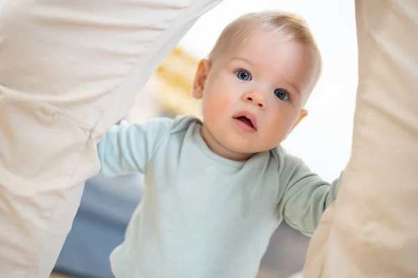 Portrait Adorable Curious Infant Baby Boy Child Taking First Steps — Stock Photo, Image