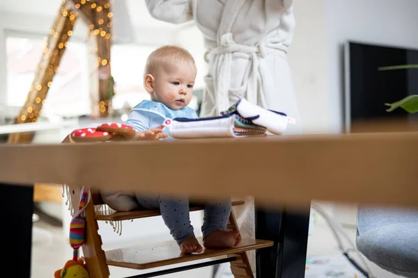 Happy Infant Sitting Dining Table Playing His Toy Traditional Scandinavian — Stock Photo, Image