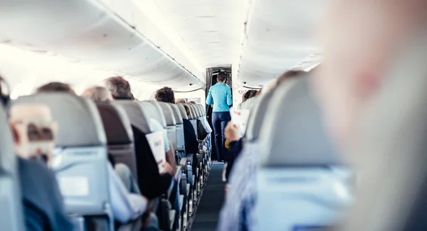 좌석에 승객들이 비행기 내부와 제복을 스튜어디스가 통로를 다니며 사람들을 대접하고 — 스톡 사진