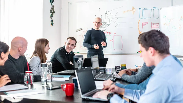 Avslappnad Informella Det Business Start Företagsmötet Teamledare Diskuterar Och Brainstorming — Stockfoto