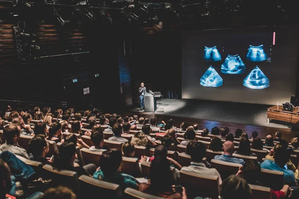 Konuşmacı bilimsel konferans hakkında bir konuşma yapacak. Konferans salonundaki izleyiciler. İş ve Girişimcilik kavramı.