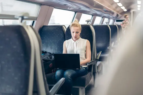 Businesswoman sitting and traveling by train working on laptop. Business travel concept.