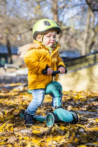 秋の日に屋外で赤ちゃんのスクーターに乗る黄色い保護ヘルメットを着用する愛らしい幼児の少年 シティパークのミニバイクでのキッズトレーニングバランス 小さい子供のための楽しい秋の屋外活動 ストックフォト