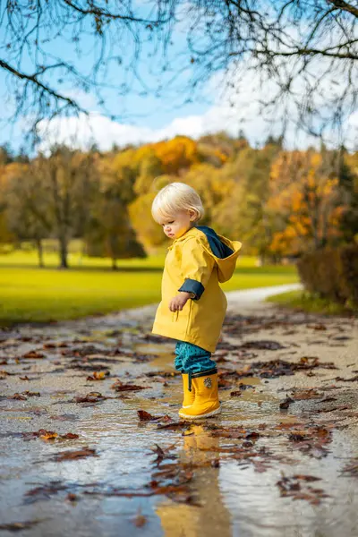雨后春笋 在阳光充足的雨天 身穿黄色橡胶靴和黄色防水雨衣的小男婴在城市公园的水坑里散步 免版税图库照片