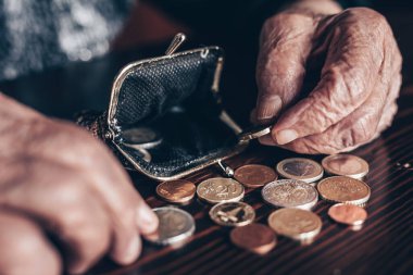 Eski 96 yıl yaşlı WOMANS eller fatura ödedikten sonra onun cüzdanında emeklilik kalan paraları sayma detaylı çekim fotoğrafı. Sosyal transferler ve emeklilik sisteminin sürdürülebilirliği