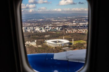 Waldstadion 'un hava manzarası, Almanya' nın Eintracht Frankfurt futbol kulübünün ev sahibi stadyumu.