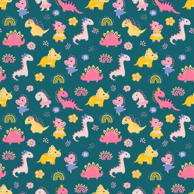 Dinozor kızlarda kusursuz bir düzen var. Kumaş, tekstil, duvar kağıdı, ambalaj için tasarım.