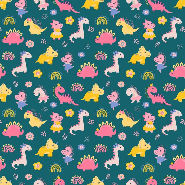 Nahtloses Muster Mit Dino Girls Design Für Stoff Textilien Tapeten — Stockvektor