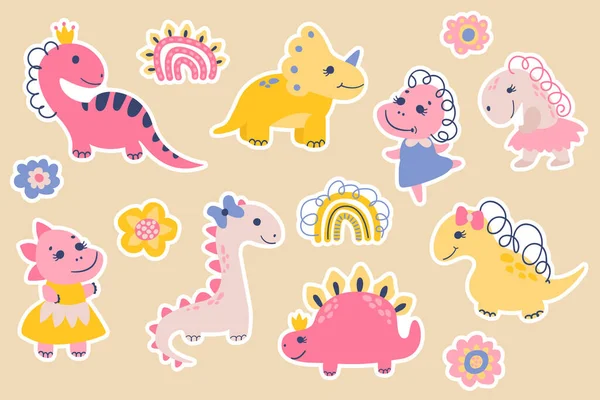 Ensemble Stickers Jolies Filles Dinosaures Dessine Style Illustration Vectorielle — Image vectorielle