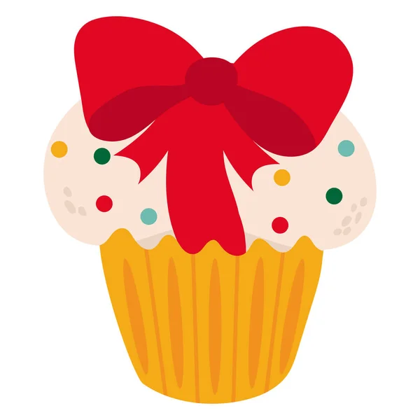 Christmas Cupcake Red Bow White Background Isolate Draw Style Vector — Stock Vector