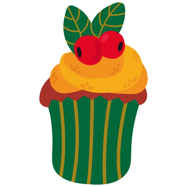Cupcake Noël Avec Des Baies Houx Fond Blanc Isoler Style — Image vectorielle