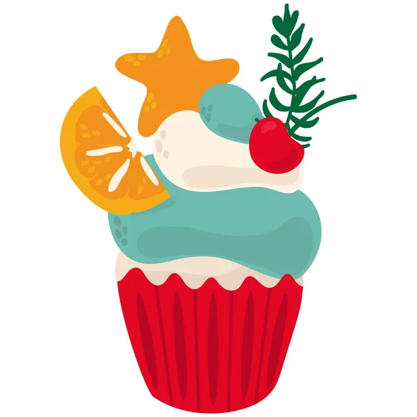 Cupcake Noël Crème Aux Baies Fond Blanc Isoler Style Dessiné — Image vectorielle