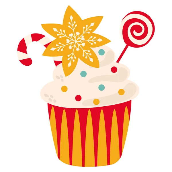 Cupcake Noël Avec Sucette Pain Épice Fond Blanc Isoler Dessine — Image vectorielle