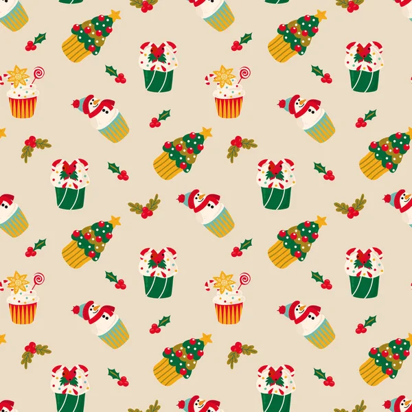Seamless Pattern Christmas Cupcakes Design Fabric Textile Wallpaper Packaging Wrapping — Stock Vector