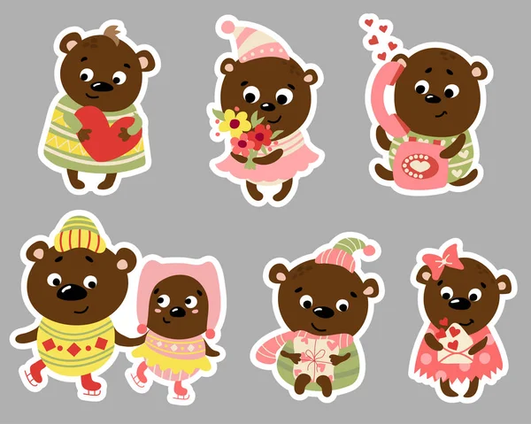 Cute Valentines Teddy Bear Stickers Day Valentine Drawn Style Vector — Stock Vector
