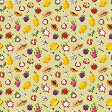 Egzotik meyveli kusursuz desen. Kumaş, tekstil, duvar kağıdı, ambalaj için tasarım.
