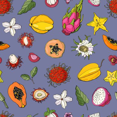 Egzotik meyveli kusursuz desen. Kumaş, tekstil, duvar kağıdı, ambalaj için tasarım.