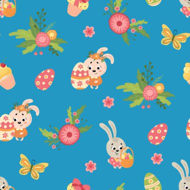 Easter seamless pattern. Rabbits, eggs, flowers. Design for fabric, textile, wallpaper, packaging.