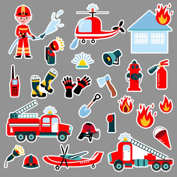 消防员贴纸设置 画的风格 消防员 消防车 直升机 手电筒 — 图库矢量图片