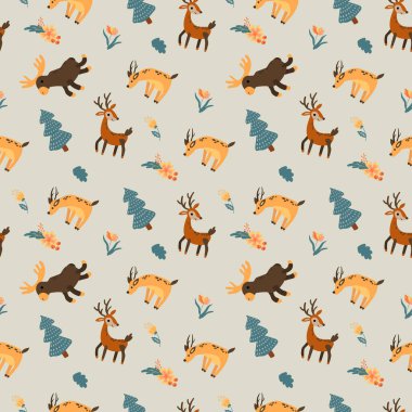 Orman hayvanlarında kusursuz desen. Geyik, geyik, yumurta geyiği. Kumaş, tekstil, duvar kağıdı, ambalaj için tasarım.