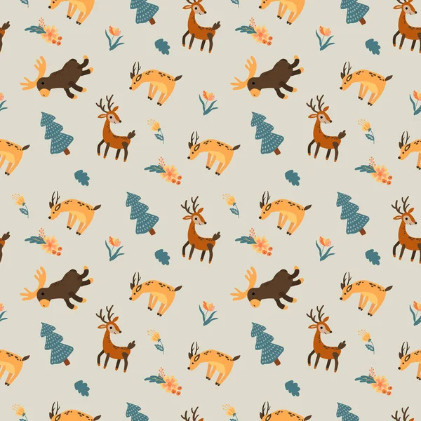 stock vector Seamless pattern with forest animals. Elk, deer, roe deer. Design for fabric, textile, wallpaper, packaging.