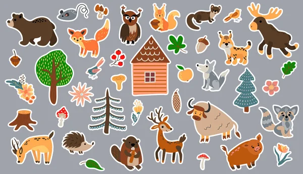 Conjunto Autocolantes Para Animais Florestais Estilo Desenhado Animais Selvagens —  Vetores de Stock