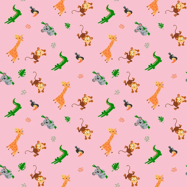 Бесшовный Рисунок Животными Сафари Жираф Крокодил Коала Обезьяна Тукан Дизайн — стоковый вектор