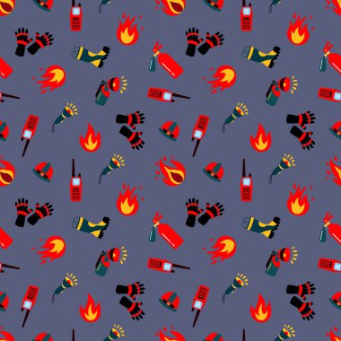 Ateş elementleriyle kusursuz desen. Fener, eldiven, bot, telsiz, ağızlık, ateş. Kumaş, tekstil, duvar kağıdı, ambalaj için tasarım.