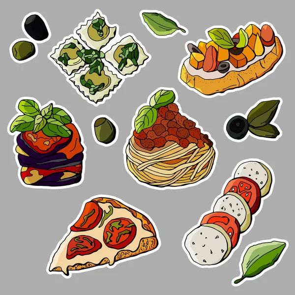 Italian Food Sticker Set Bruschetta Pizza Ravioli Parmigiana — Stock Vector