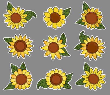 Ayçiçeği çıkartması seti. Çizgi film biçimi.