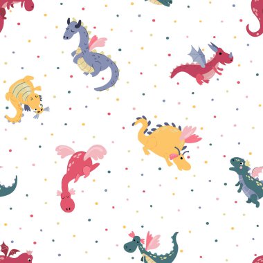 Güzel el yapımı ejderhaları olan kusursuz bir desen. Kumaş, tekstil, duvar kağıdı, ambalaj için tasarım.