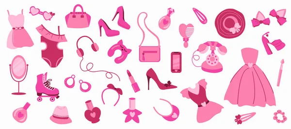 Barbie çekirdek seti. 2000 'lerin nostaljisi. Barbie bebek, elbiseler, ayakkabılar ve aksesuarlar.